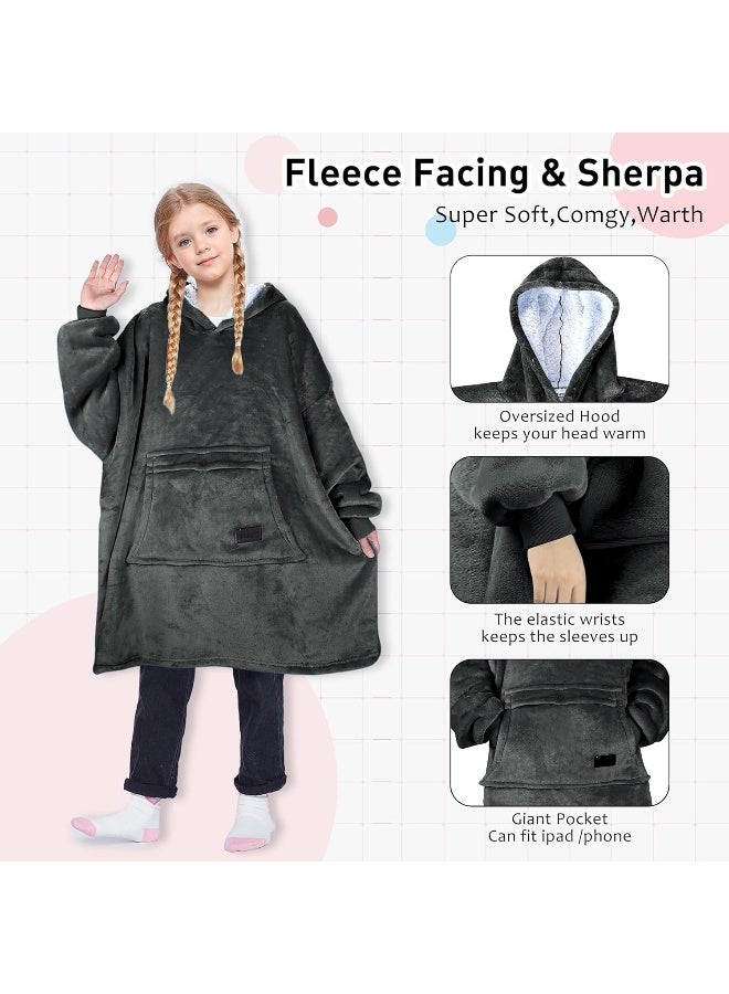Solaris Wearable Blanket Hoodie for Kids - Warm Soft Gift, Oversized Cozy Sherpa Fleece Sweatshirt Pullover for Teens, Girls, Boys, Large Pocket, Gray - Image 3